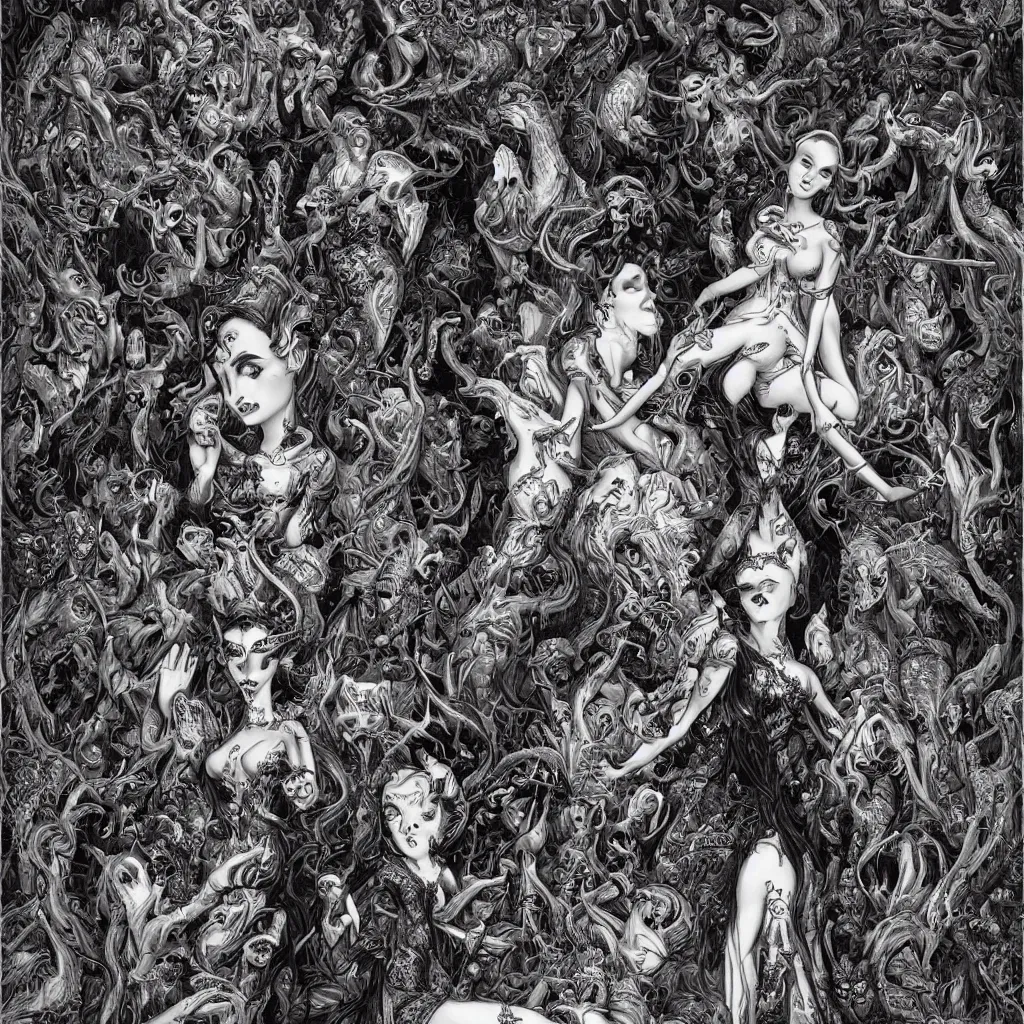Prompt: a hyperrealistic painting of a beautiful woman posing with demons by Joe Fenton,