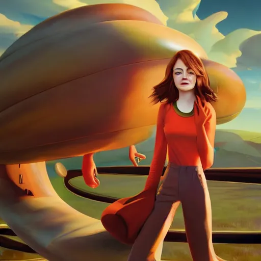 Image similar to emma stone surprised to see flying big italian sausages by concept artist gervasio canda, behance hd by jesper ejsing, by rhads, makoto shinkai and lois van baarle, ilya kuvshinov, rossdraws global illumination radiating a glowing aura global illumination ray tracing hdr render in unreal engine 5