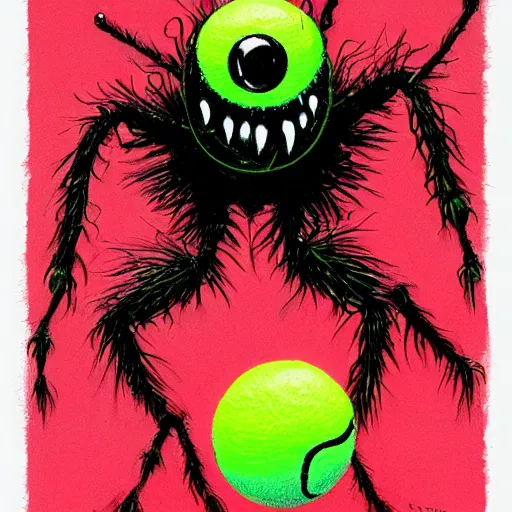 Image similar to a tennis ball monsters ,spider, colorful, digital art, fantasy, magic, trending on artstation, ultra detailed, professional illustration by Basil Gogos