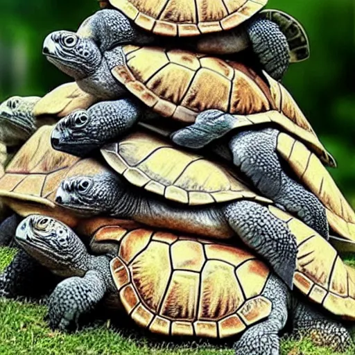 Prompt: a stack of turtles with!!!!!!!!! earth!!!!!!!! on top