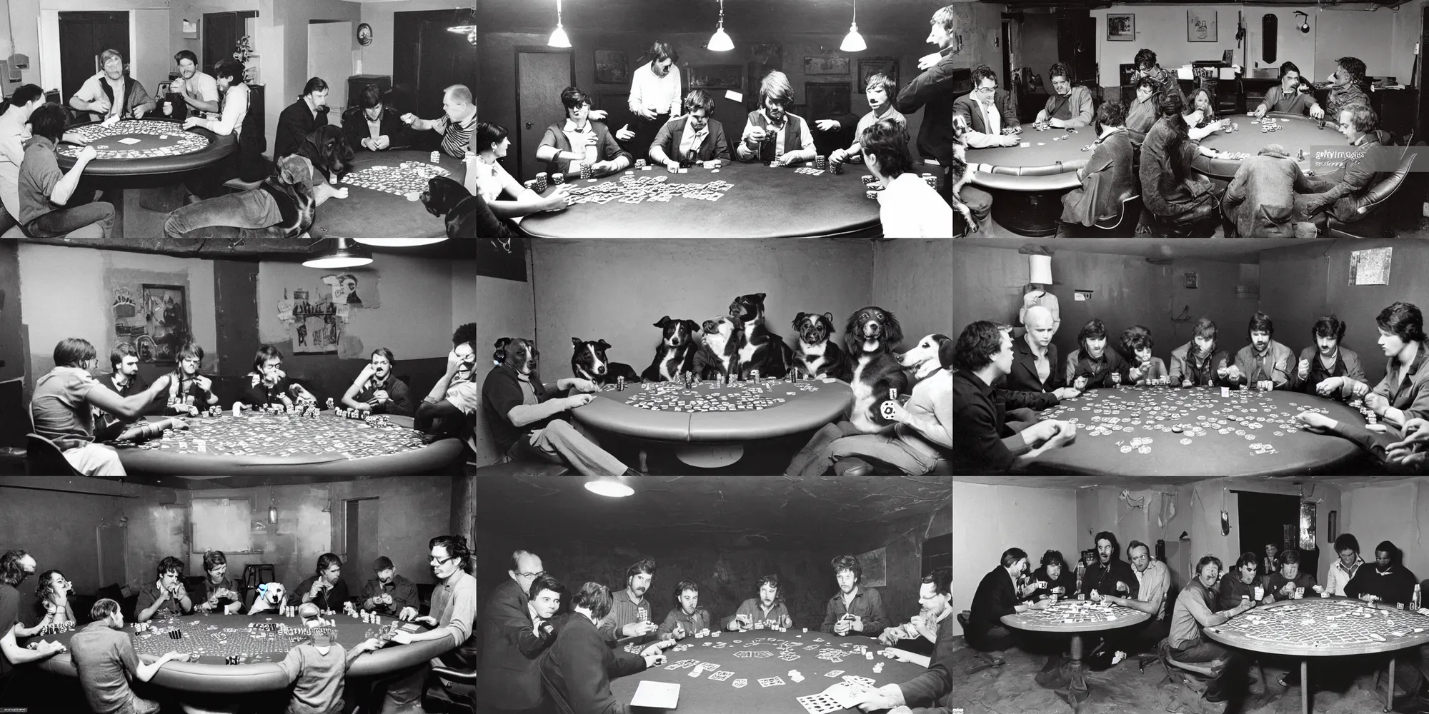 Prompt: a photograph of a group of random dogs playing poker in a basement in the 80's.