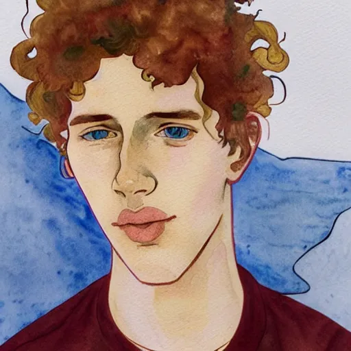 Prompt: abstract experimental watercolor drawing of a young cute handsome beautiful androgynous strawberry blond medium curly hair man in his early 2 0 s wearing a blank maroon t - shirt with grey - blue eyes, by elizabeth peyton and alphonse mucha and vincent van gogh, trending on artstation