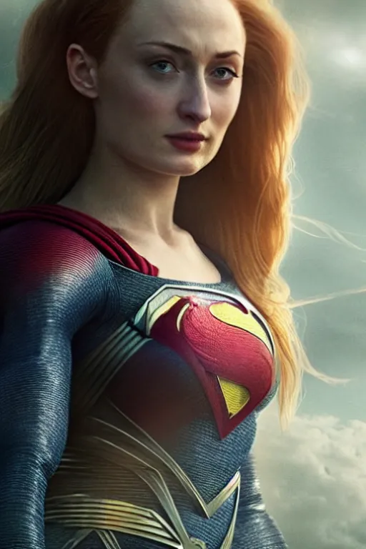 Image similar to a fancy close up of Man of Steel cast as Sophie Turner by Greg Rutkowski, Sung Choi, Mitchell Mohrhauser, Maciej Kuciara, Johnson Ting, Maxim Verehin, Peter Konig, 8k photorealistic, cinematic lighting, HD, high details, dramatic, trending on artstation, full body shot