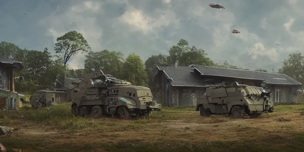 Image similar to a militarised spaceship parked infront of a house in a kerala village, photorealistic, 4k, matte painting, cinematic by simon stalenhag