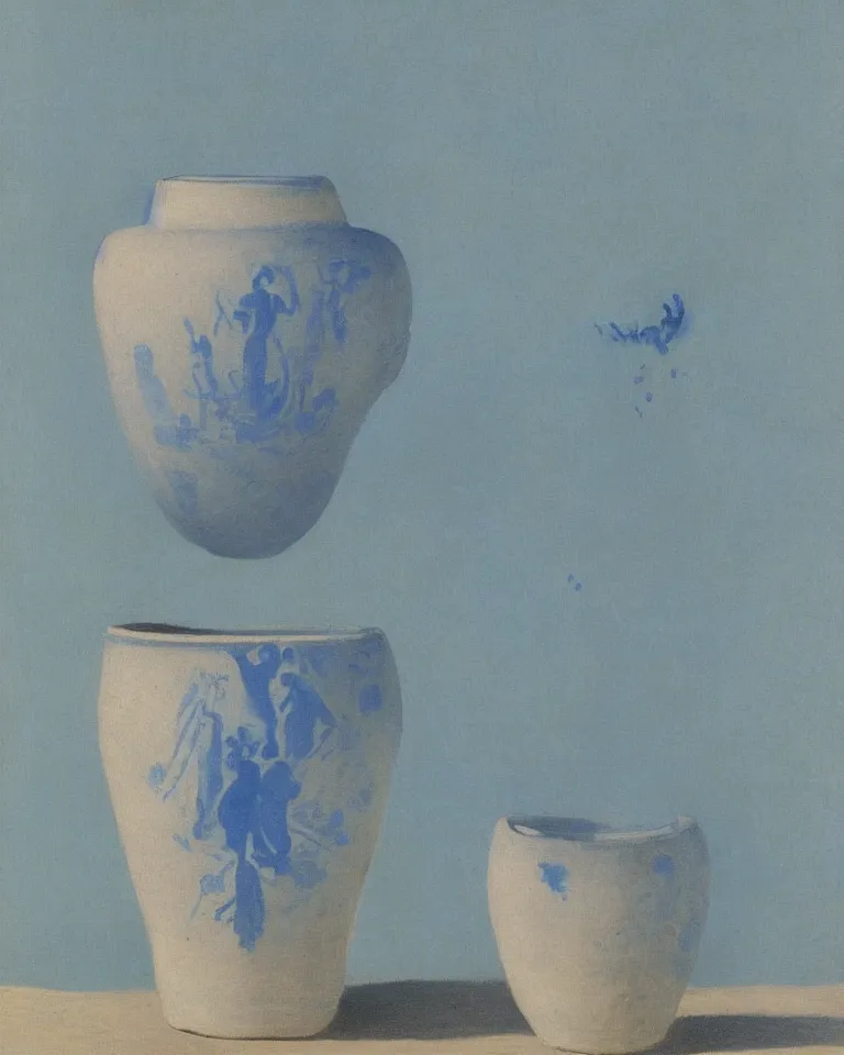 Image similar to achingly beautiful print of solitary painted ancient greek pottery on baby blue background by rene magritte, monet, and turner.