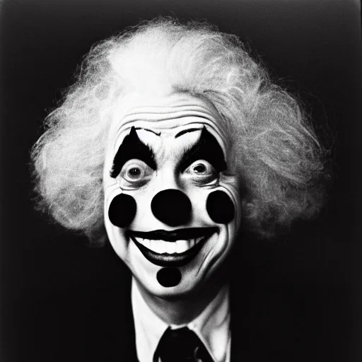 Image similar to portrait of a clown by Diane Arbus, 50mm, black and white, natural light