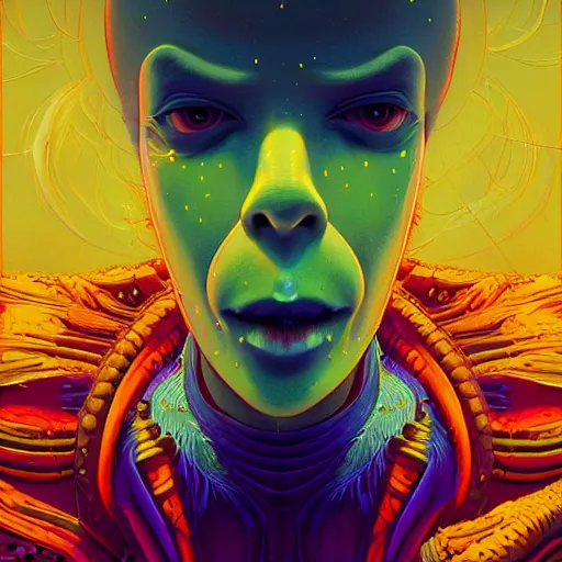 Image similar to colourful breathtakingly weird beautiful powerful magical wonderfully majestic beautifully cool character closeup by michael whelan and moebius and beeple and dan mcpharlin and pascal blanche and jamie hewlett and richard dadd, symmetrical, extreme close up with a serene expression, magical stormy reflections, smoke on water, 8 k artstation