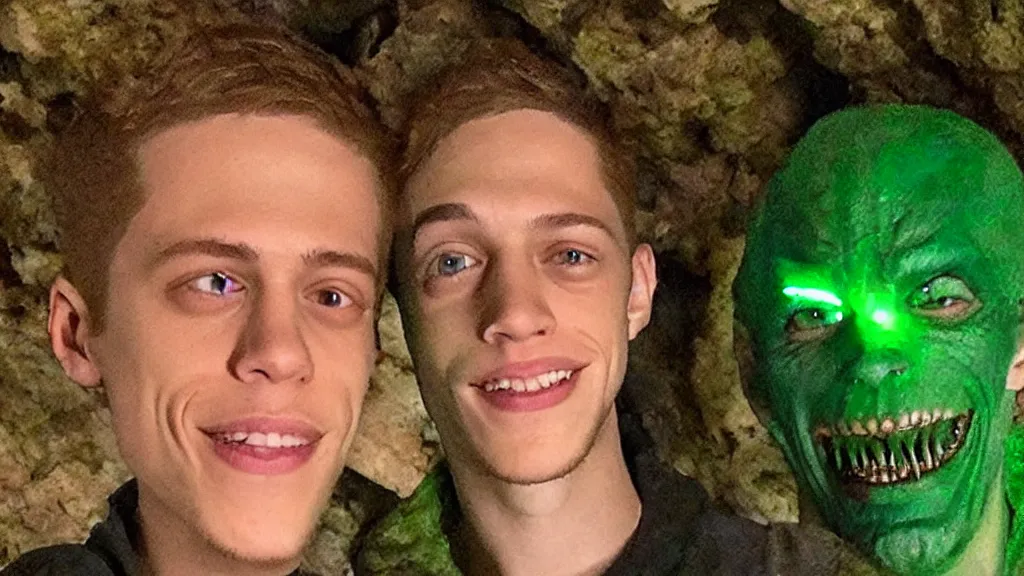Prompt: very very intricate photorealistic photo of pete davidson with a green goblin in a cave, photo is in focus with detailed atmospheric lighting, award - winning crisp details