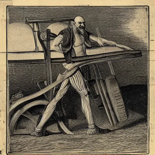 Image similar to a muscular bald man carrying engines on his back, technical diagram