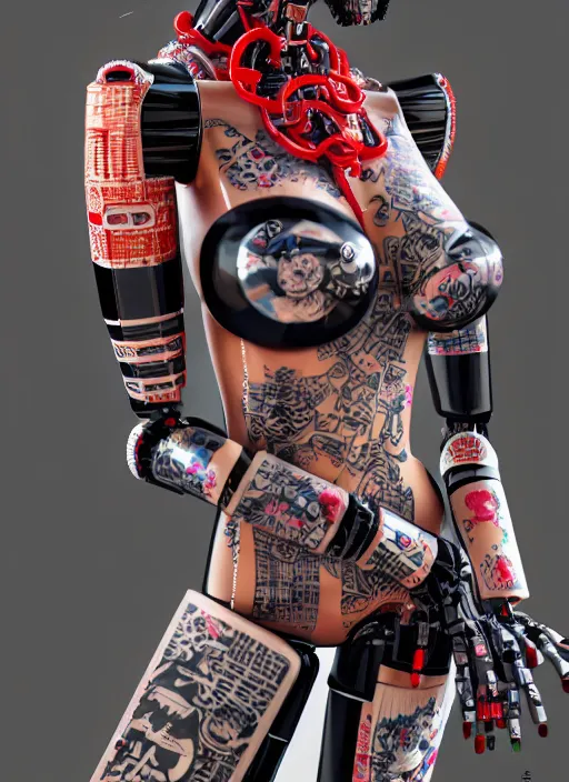 Image similar to full body photo of a punk geisha robot with kanji tattoos and decals wearing a digital pixelated kimono, intricate design, photo - realistic, octane render, ultra fine detailed, character design, trending on artstation