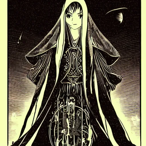 Image similar to precisely drawn illustration of anime hooded high priestess of an earth goddess, old-fashioned tarot card, victorian playing card, sepia tone, wide angle, sharp, fine details, anime, manga, cyberpunk, intense line art, 8k, precise linework, realistic, shaded lighting by katsuhiro otomo ghost-in-the-shell, magali villeneuve, artgerm, rutkowski Jeremy Lipkin and Giuseppe Dangelico Pino and Michael Garmash and Rob Rey