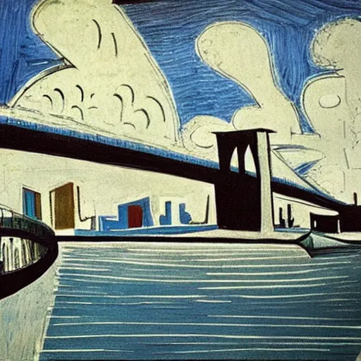 Prompt: painting of the brooklyn bridge by Pablo Picasso