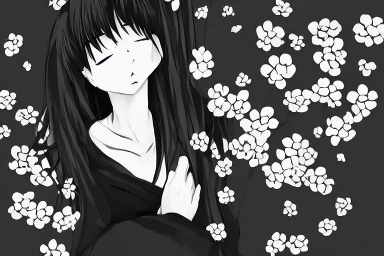 Image similar to “Extremely distraught black and white anime girl dramatically ugly crying with flowers petals being blown around her by a violent wind, black and white”