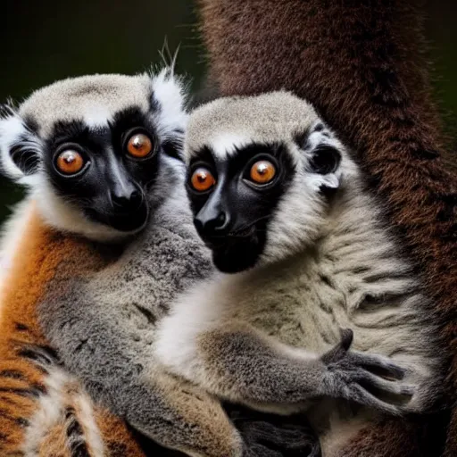 Prompt: a baby lemur clings to the belly of her mother, madagascar, raining, stormy photos in the style of national geographic, photorealistic - h 6 4 0