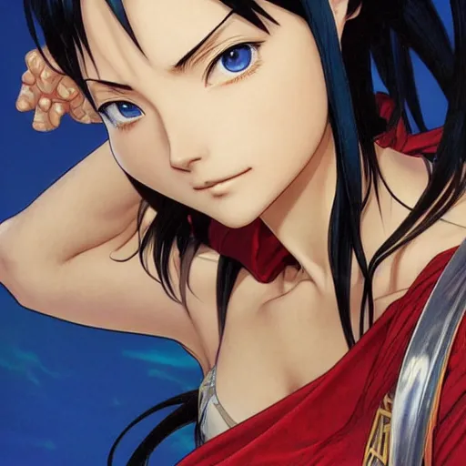 Image similar to highly detailed vfx portrait of nico robin by eiichiro oda!, makoto shinkai, alphonse mucha, art by artgerm and greg rutkowski!, backlit, harsh overhead sunlight, blue eyes!!, large aquiline nose!!, best of behance, concept art, matte, sharp focus, magali villeneuve, stanley kubrick,