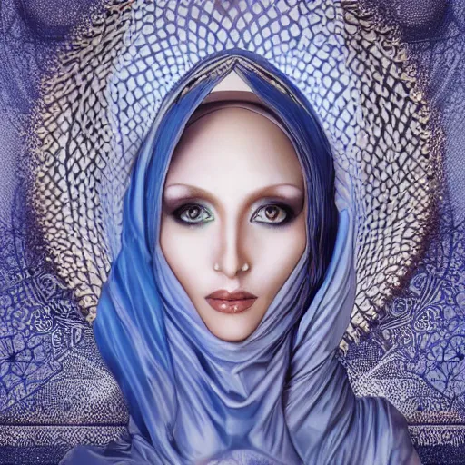 Image similar to a beautiful arabian woman wearing a futuristic dress by alexander mcqueen, thom browne, karol bak, ayami kojima, artgerm, arabian beauty, blue eyes, smile, futuristic, organic dress, pattern, concept art, fantasy