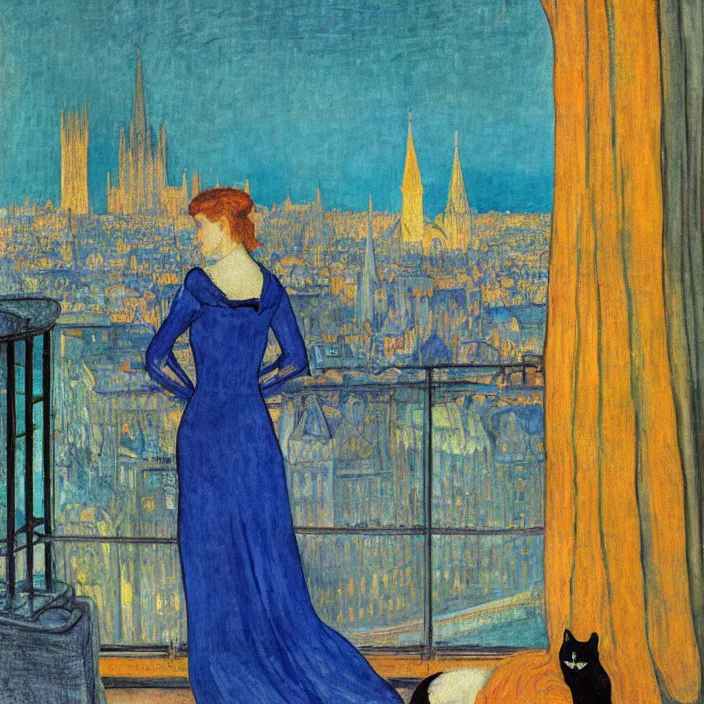 Image similar to portrait of woman in night gown with cat, with city with gothic cathedral seen from a window frame with curtains. sunset. lapis - lazuli, malacchite, turquoise, indigo. lucas cranach, bonnard, henri de toulouse - lautrec, utamaro, matisse, monet