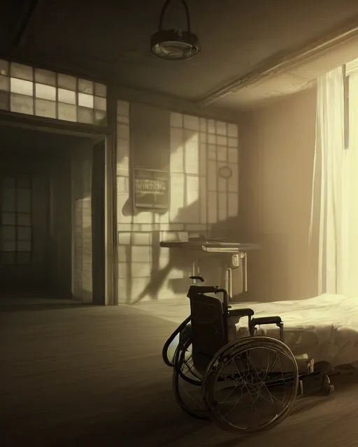 Prompt: artstation scifi scene of a old chinese hospital ward, a bunch of light on a business card, bed, wheelchair, window, bedside table, paneled walls, unreal engine 5, hyper realism, realistic shading, cinematic composition, blender render, octane render, hdr, detailed textures, photorealistic, wide shot