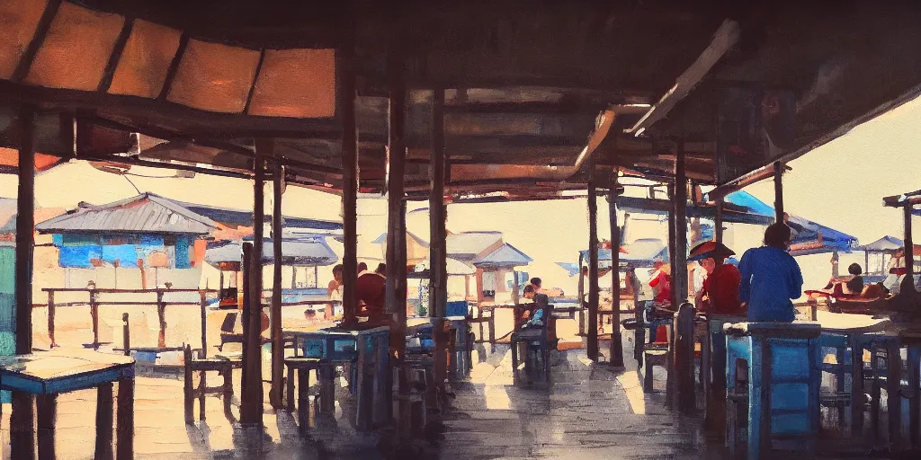 Image similar to interior of a small kopitiam at pulau indah fishing village, near a jetty, early morning, detailed painting, low angle view, telephoto lens, bokeh, hayao miyazaki, studio ghibli, artstation