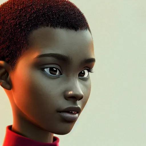 Image similar to stunning, coherent, impressive, detailed still of black girl with short blonde hair, follow shot, 3d, in the style of pixar, comic book style, 3d, highly detailed, sharp focus, bokeh, depth of field, 16k resolution, Unreal Engine 5, coherent, cinematic lighting, photorealistic, by Zhang Jingna