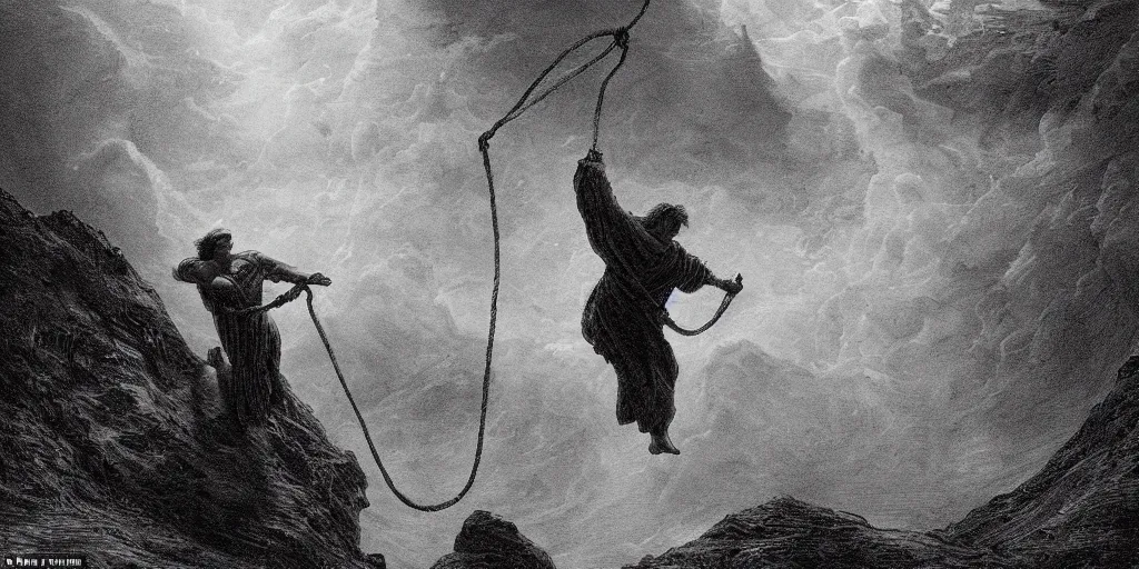 Prompt: Cinematic concept Art for film directed by Terrence Malick of man as he struggles to pull on rope, dramatic, dynamic angle, cinematic lighting, hyperdetailed, in the style of Gustave Doré