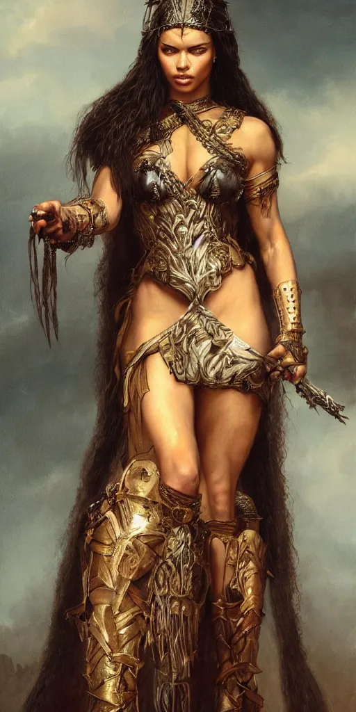 Image similar to the portrait of adriana lima as amazon in intricate dress by roberto ferri, fantasy, witcher, very detailed oil painting, masterpiece, 8 k