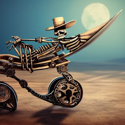 Image similar to steampunk skeleton riding a surfboard 4k hd