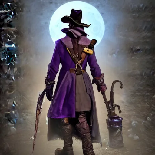 Image similar to a detailed 3 d render of darkwing duck dressed as the hunter from bloodborne, let's get dangerous, in the style of darkwing duck, digital art, dark fantasy, concept art, soulslike, by alphonse mucha, blood moon eclipse, wherewolves in a ruined building in the background, artstation, 8 k, unreal engine render