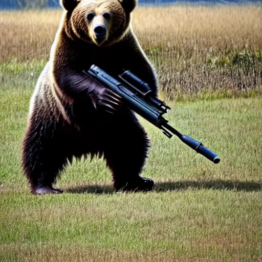 Image similar to grizzly bear holding a mounted minigun