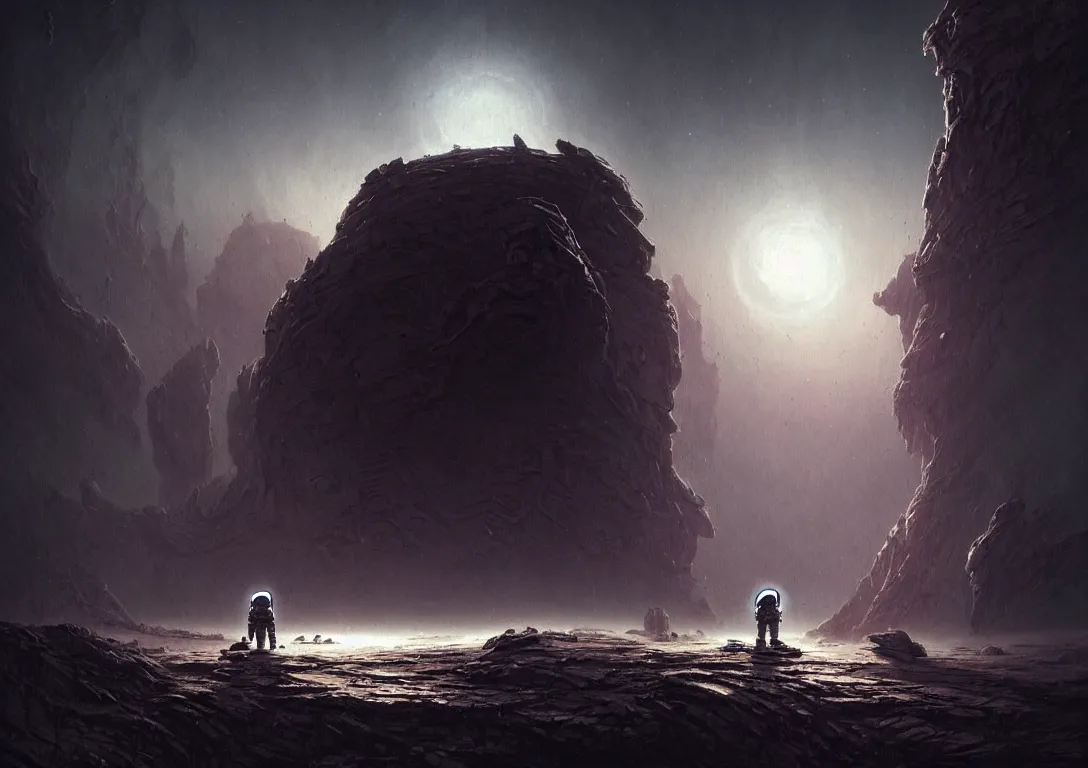 Prompt: ( ( astronaut exploring a strange surface of another planet at dusk ) ), ( ( ruins of ancient civilization ) ), ultra high definition, ultra detailed, symmetry, sci - fi, dark fantasy, in style of heavy metal comic, dark and horror style, metal by greg rutkowski and ross tran