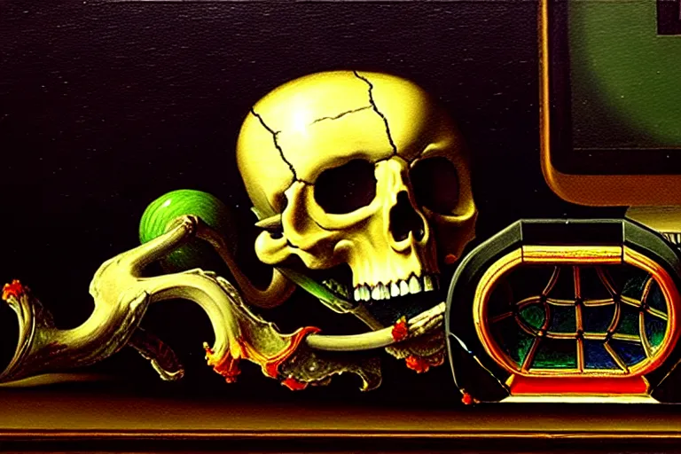 Image similar to a vanitas painting depicting an NVIDIA RTX A100 GPU, graphics card