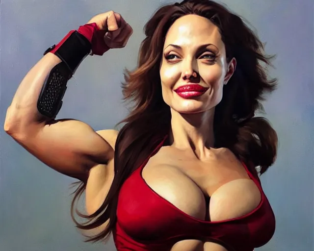 Image similar to greg manchess portrait painting of smiling angelina jolie as beautiful thick female bodybuilder zarya from overwatch, medium shot, asymmetrical, profile picture, organic painting, sunny day, matte painting, bold shapes, hard edges, street art, trending on artstation, by huang guangjian and gil elvgren and sachin teng