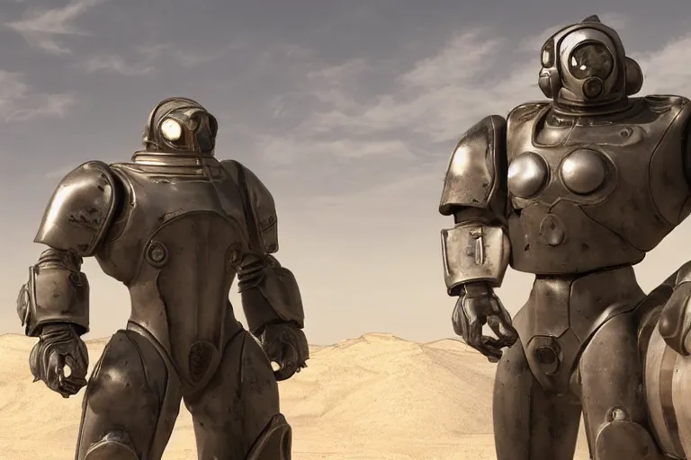 Prompt: a brotherhood of steel fighter in power armor in the desert near a closed hangar, small ripples in the air from the heat, glare from the sun on metal surfaces, realistic proportions, unreal engine style