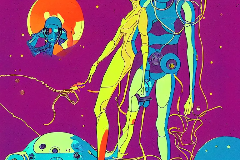 Image similar to a scifi illustration of a psychedelic cyborg flat colors, limited palette in FANTASTIC PLANET La planète sauvage animation by René Laloux