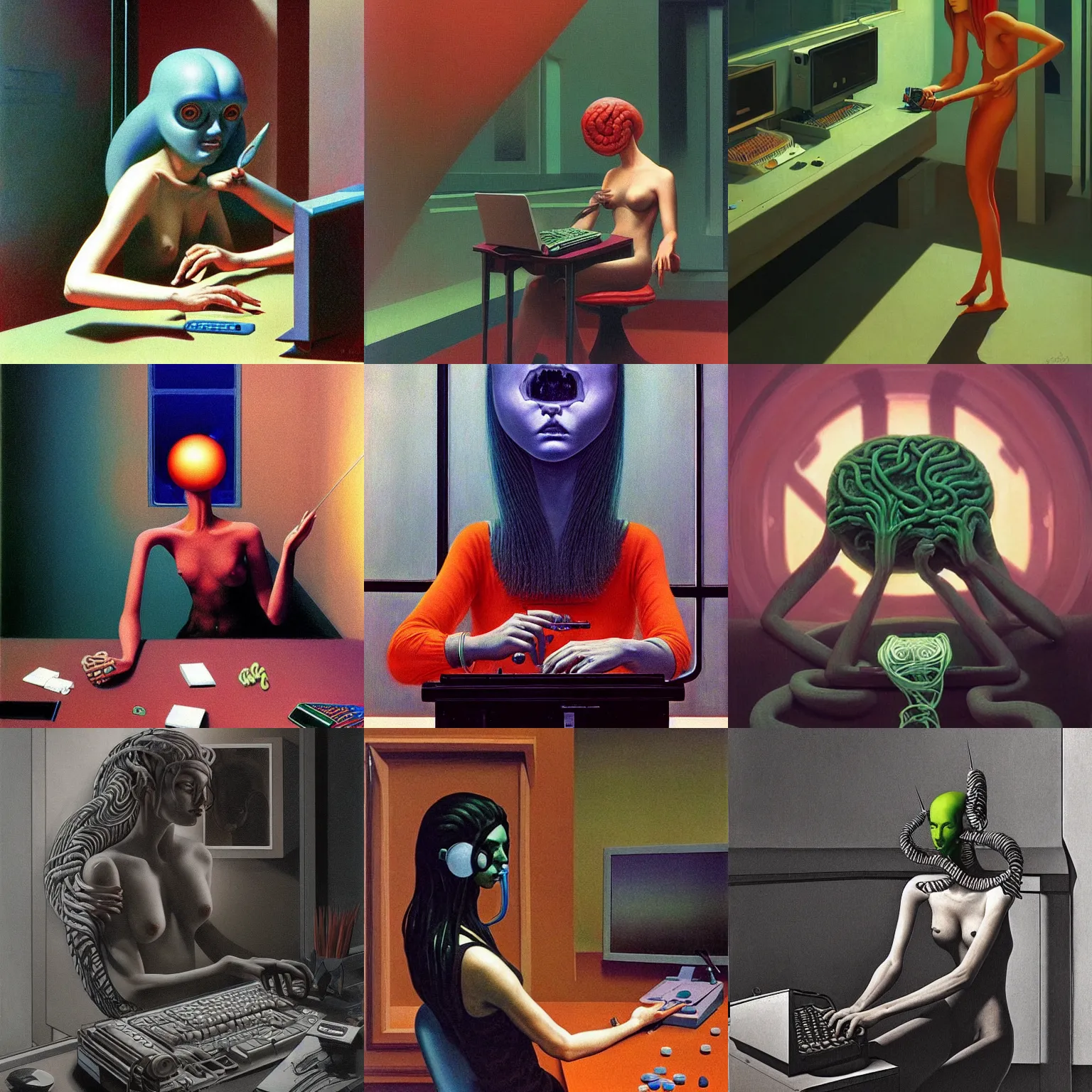 Prompt: medusa is playing with a computer, snacks, cyberpunk, reality, pop art, science fiction, style by edward hopper and james gille ard zzislaw beksinski, highly detailed