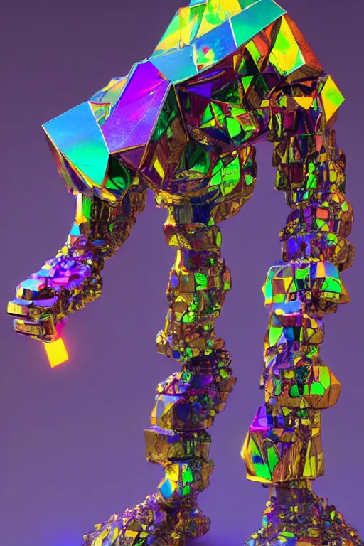 Image similar to a multicolored bismuth golem, an abstract sculpture by ryusei kishida, polycount, crystal cubism, angular, iridescent, made of crystals : : extremely high details, masterpiece, photorealistic, hyperrealism, vray, octane render, volumetric lighting, depth of field, bokeh, artstation, cgsociety