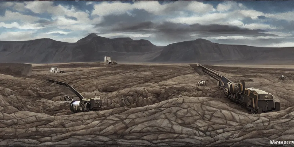 Image similar to barren icelandic landscape, dark gravel, huge abandoned mining equipment, style of ralph mcquarrie