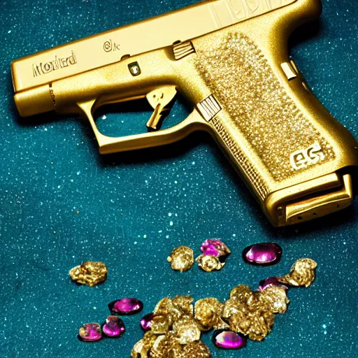 Prompt: a medium shot photograph of a gold glock 18 encrusted with gemstones against a silk background