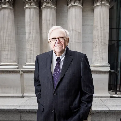 Prompt: warren buffet as a kristy creme standing outside wall street stock exchange, reality, realistic, detailed, 8 k, award winning, wide shot,