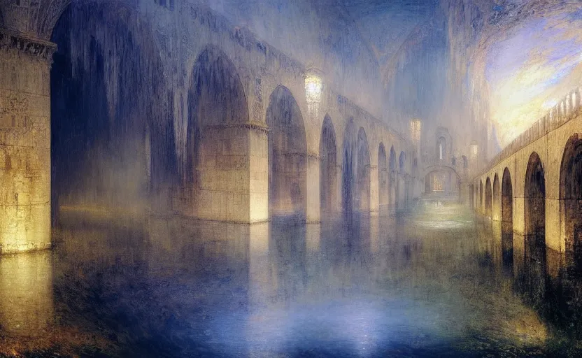 Image similar to tiled room squared waterway, aqueducts, fantasy. intricate. by artstation trending, by joseph mallord william turner, luis royo, konstantin razumov, cinematic lighting, fractal flame, highly detailed