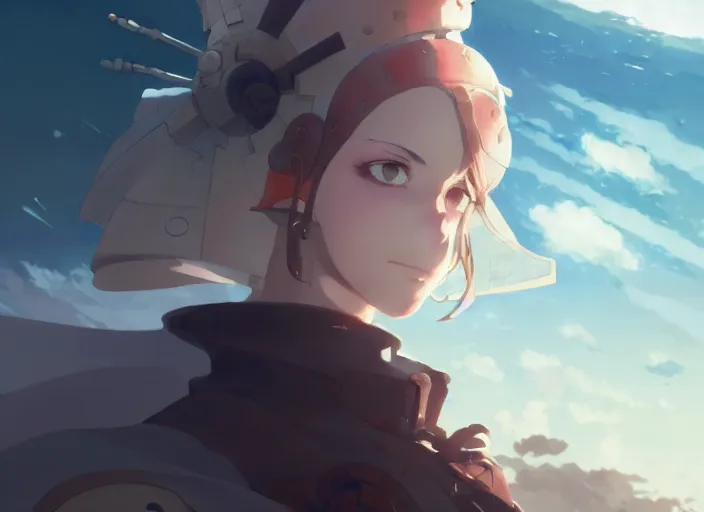 Prompt: inquisitor woman looking at the sea, helm of second world war warship in background, illustration concept art anime key visual trending pixiv fanbox by wlop and greg rutkowski and makoto shinkai and studio ghibli and kyoto animation, grimdark, symmetrical facial features, astral witch clothes, dieselpunk, backlit