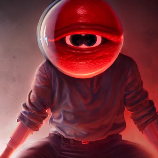 Image similar to a man wearing a big eyeball mask, red smoke in background, test tubes, pipes, artstation, realistic, high detail