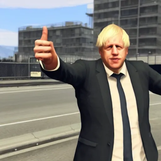 Prompt: Boris Johnson doing finger guns in GTA V loading screen