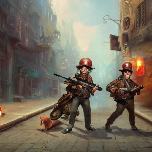 Image similar to oil painting of two hamsters holding guns, berets, medium shot, steampunk clothes, steampunk city background, sharp focus, fantasy style, octane render, volumetric lighting, 8k high definition, by greg rutkowski, highly detailed, trending on art Station, explosions, centered