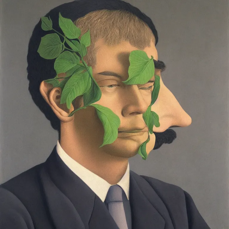 Image similar to portrait of a man, beautiful flowers replaced his head, by rene magritte, detailed painting, hd, hq, high resolution, high detail, 4 k, 8 k