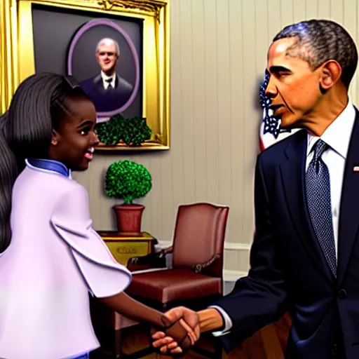 Image similar to hololive vtuber amelia watson finally shakes hands with her hero, barack obama