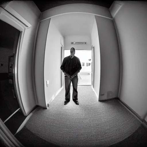 Image similar to walter white from the perspective of a ring doorbell camera, night, fisheye lens,