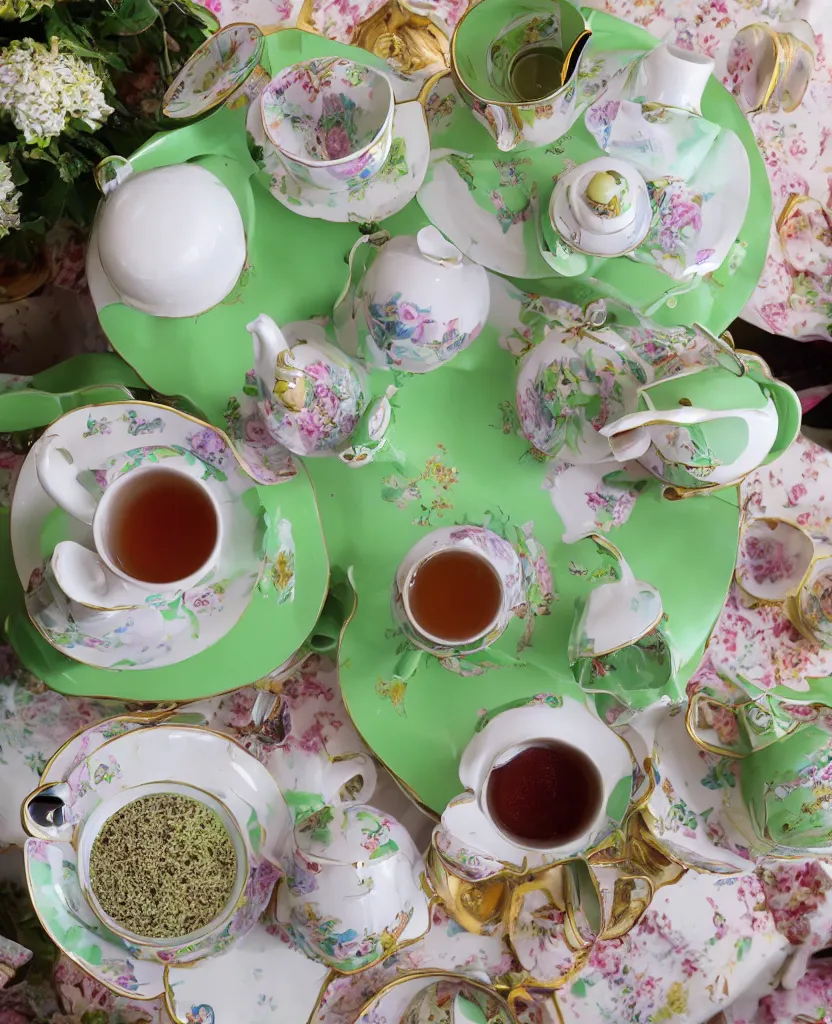 Prompt: cup and saucers it’s tea time with your green aunt and her best friend mid day London room