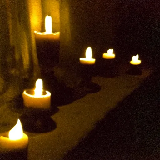 Prompt: insane nightmare, no light, everything is blurred, creepy shadows, candles, very poor quality of photography, 2 mpx quality, grainy picture