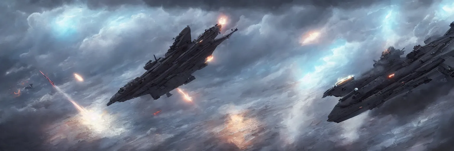 Image similar to air ragt destroyer firing intercontinental rocket Ina ocean storm, dramatic lighting, cinematic, establishing shot, extremly high detail, foto realistic, cinematic lighting, post processed, concept art, artstation, matte painting, style by eddie mendoza, raphael lacoste, alex ross